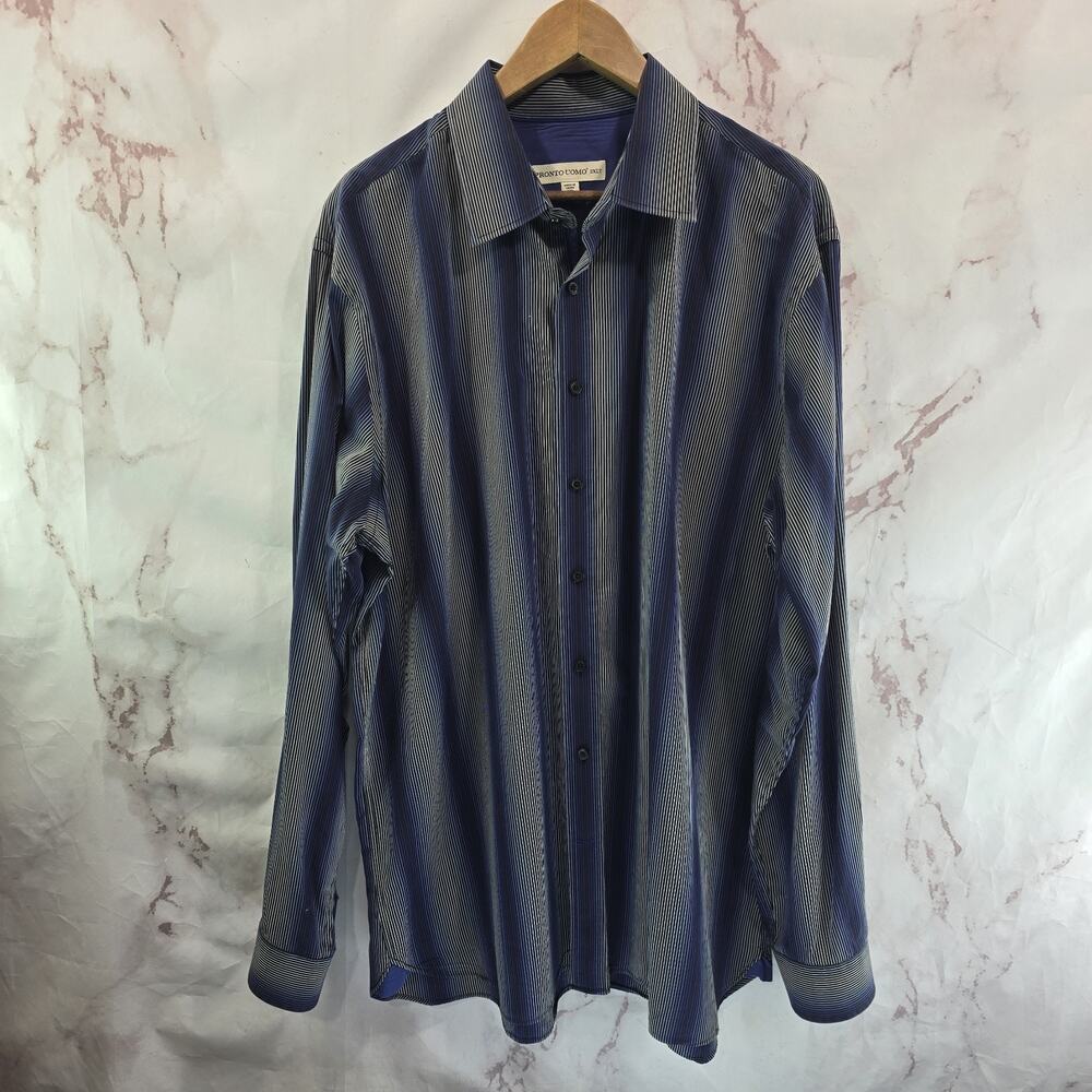 Pronto Uomo Shirt Mens XXL 2XL Tall Long Blue Gray Stripe Button Up Non Iron